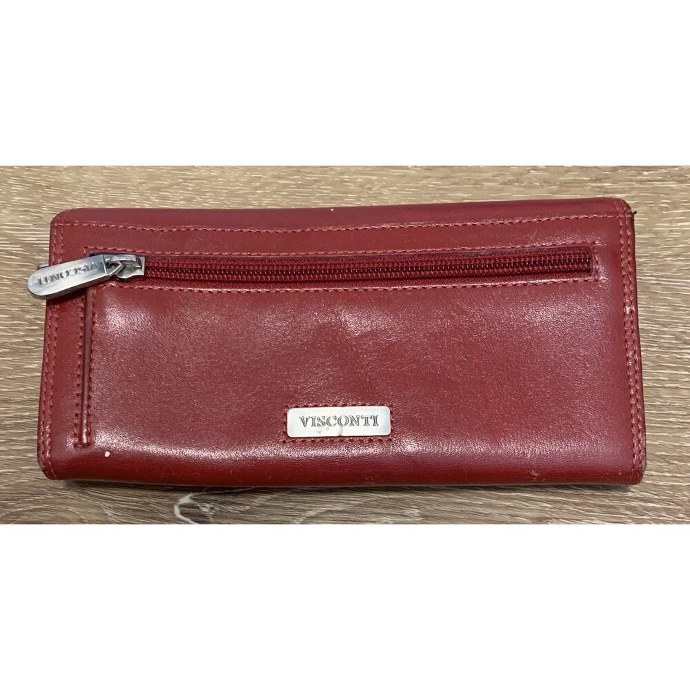 VISCONTI Womens Red Leather Wallet Inside Outside Coin Areas Clear ID Slot Plaid